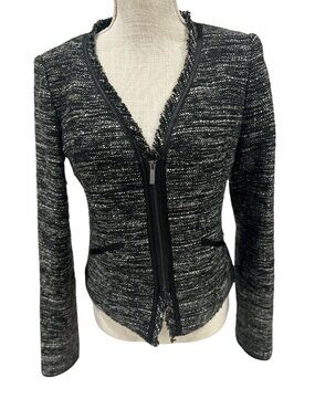 BCBG Paris Womens Black Fringe Trim Tweed Zip-Up Jacket Size 4